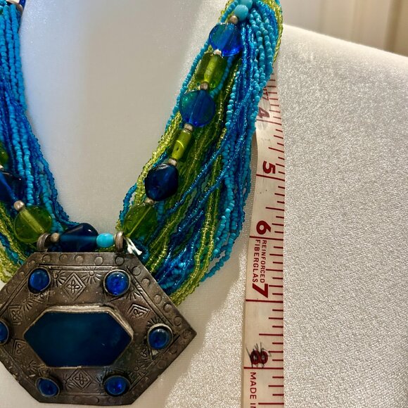 Boho Style Multi-strand Beaded Necklace Large Jeweled Metal Pendant Blue Green - Picture 4 of 9